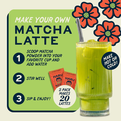 Haru Original Matcha Oat Milk Latte Mix, Ceremonial Japanese Matcha, Barista-Style Instant Latte, Vegan, Non-Dairy, Smooth Clean Energy, Just Add Water, 2-Pack (20 Lattes)