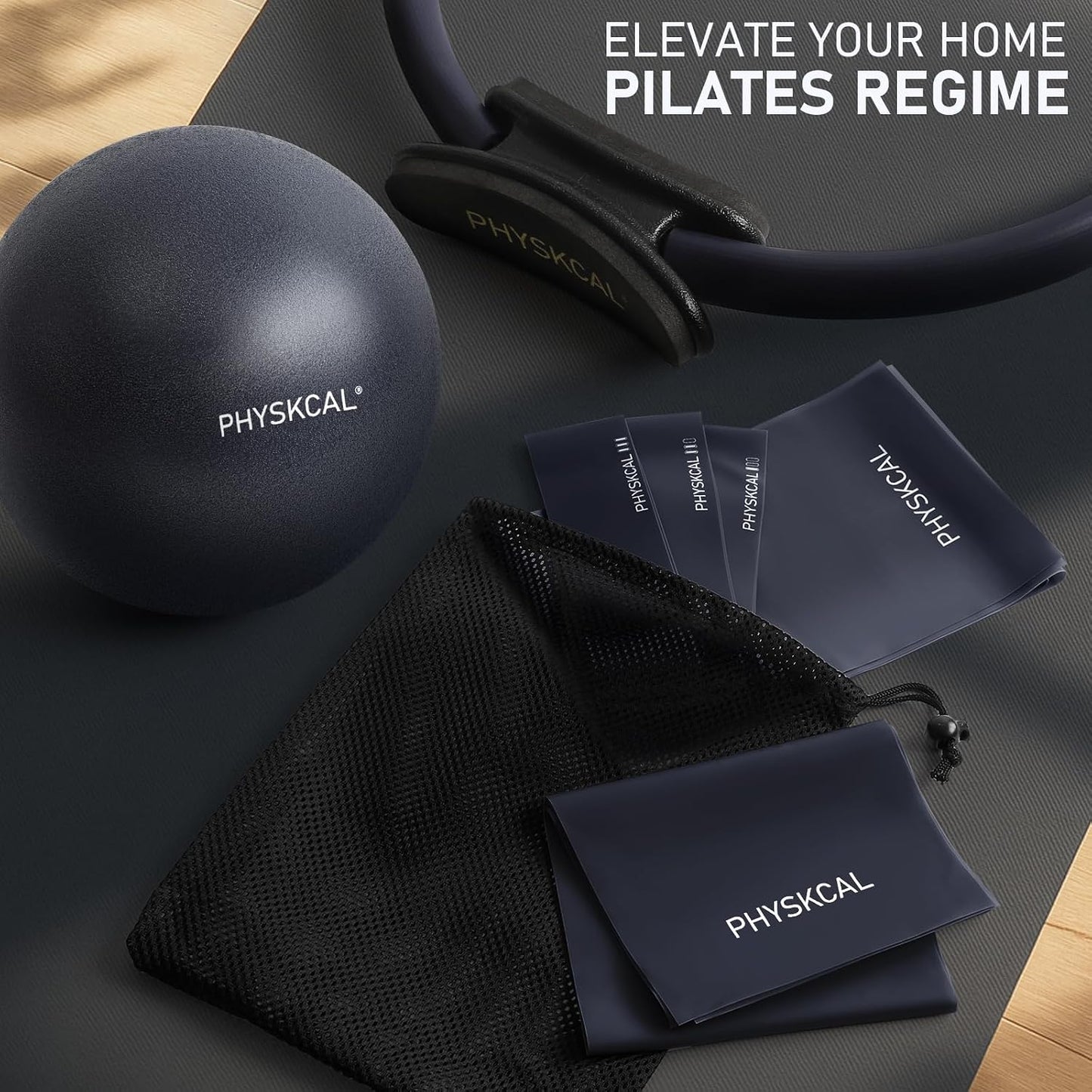 PhysKcal Pilates Kit, 15-Inch Pilates Ring with 1x Pilates Ball & 5X Bands | Aesthetic Home Pilates Equipment Set, Essential Kit for Beginners in Minimalist Style. Comes in Premium Packaging