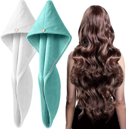 YFONG 2 Pack Microfiber Hair Towel Wrap for Women, Super Absorbent Quick Dry Hair Turban for All Hair Style Anti Frizz, Large Hair Drying Towel with Button