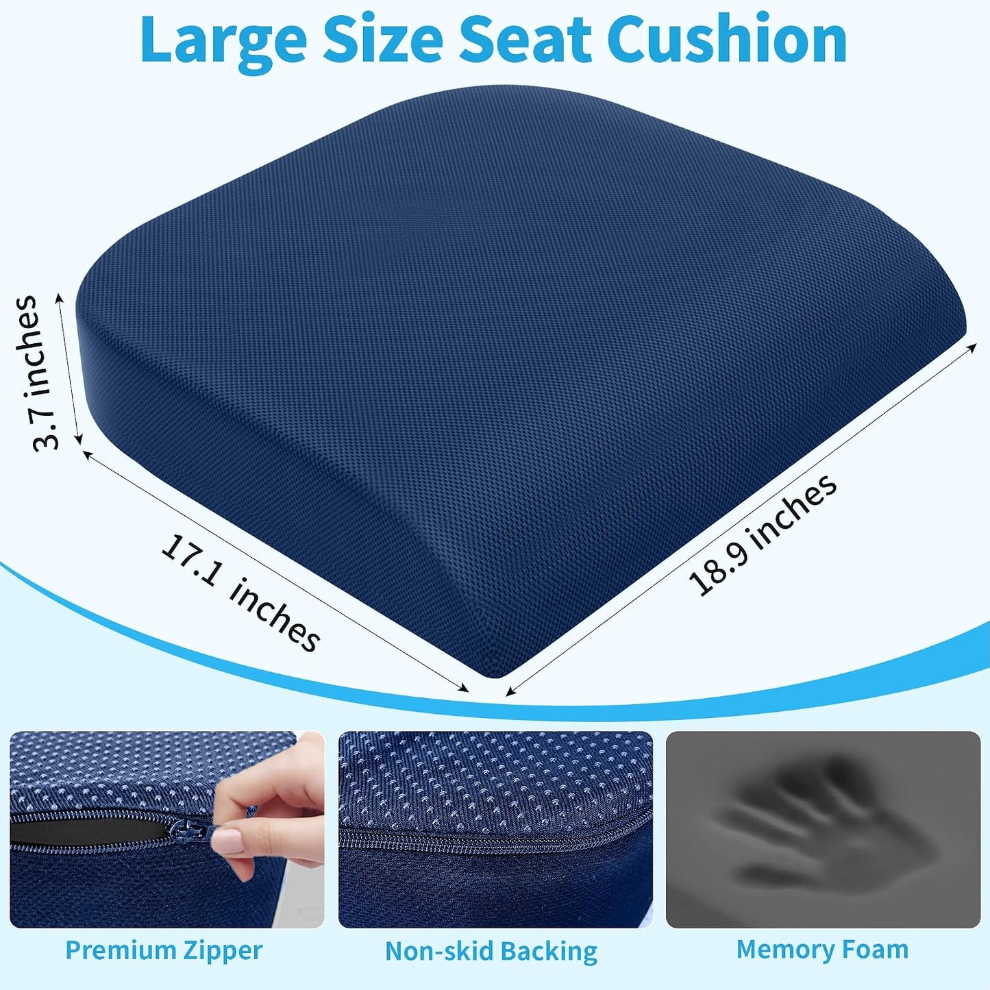 TranquilRelax Large Seat Cushion, Memory Foam Cushion for Long Sitting Hours on Office Chair, Car Seat, Non-Slip Chair Pad for Sciatica, Coccyx, Tailbone Pain Relief & Post-Surgery Recovery (Black)