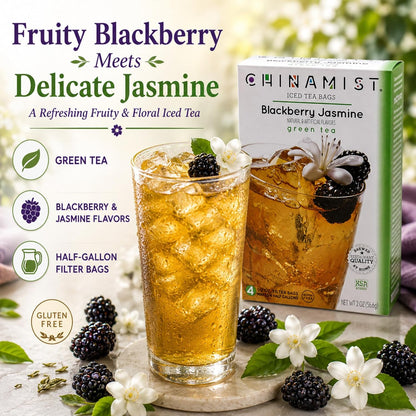 China Mist Iced Tea – Blackberry Jasmine Green Tea Infusion – Refreshing and Delicious – Each Tea Bag Yields 1/2 Gallon – 4 bags.