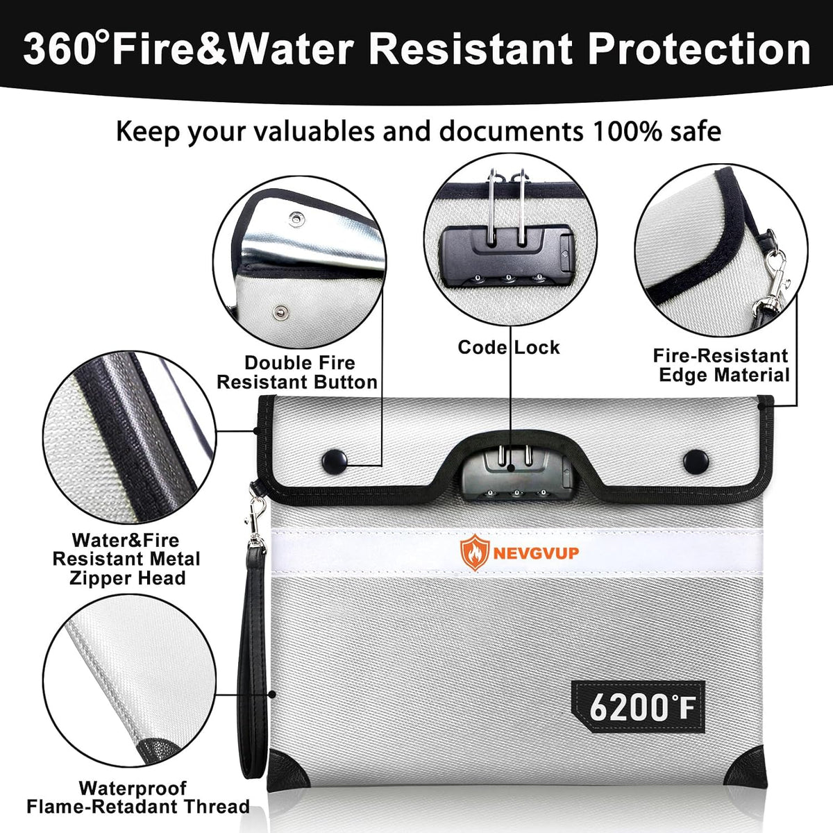 Upgraded 6200°F Fireproof Document Bag with Lock, Fire proof Money Bag for Cash with Zipper/Reflective Strip, 9 Layer of Heat Insulated Material, Water Resistant Fireproof Bags for Documents,Safe Bags