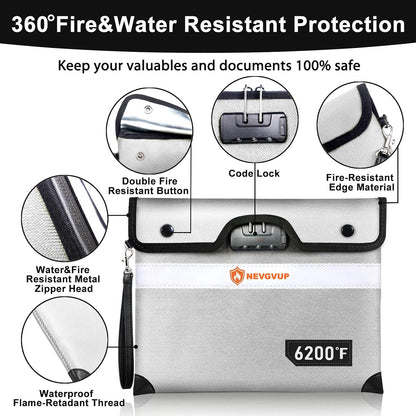 Upgraded 6200°F Fireproof Document Bag with Lock, Fire proof Money Bag for Cash with Zipper/Reflective Strip, 9 Layer of Heat Insulated Material, Water Resistant Fireproof Bags for Documents,Safe Bags
