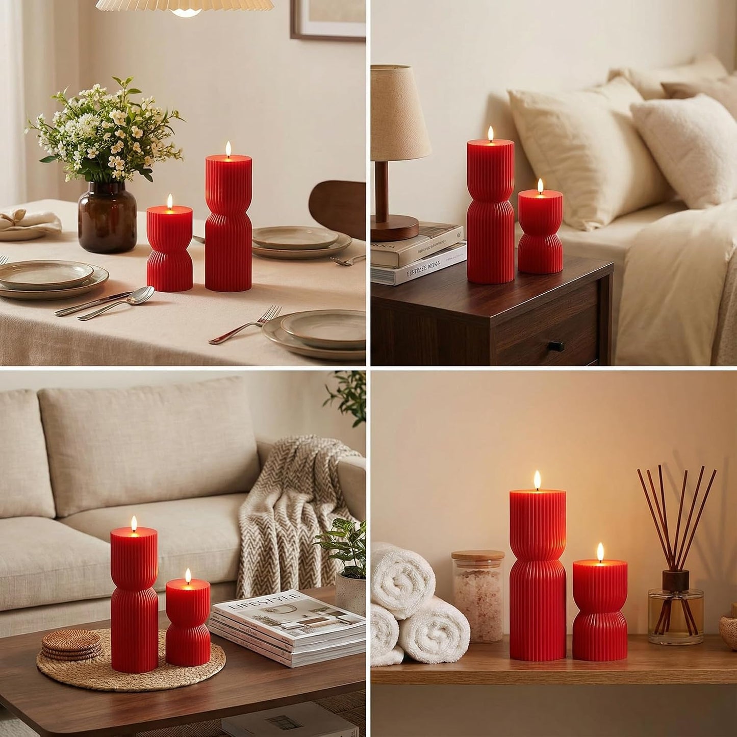 White Ribbed Flameless Pillar Candles with Remote, Real Wax Flickering Battery LED Candles Set of 2