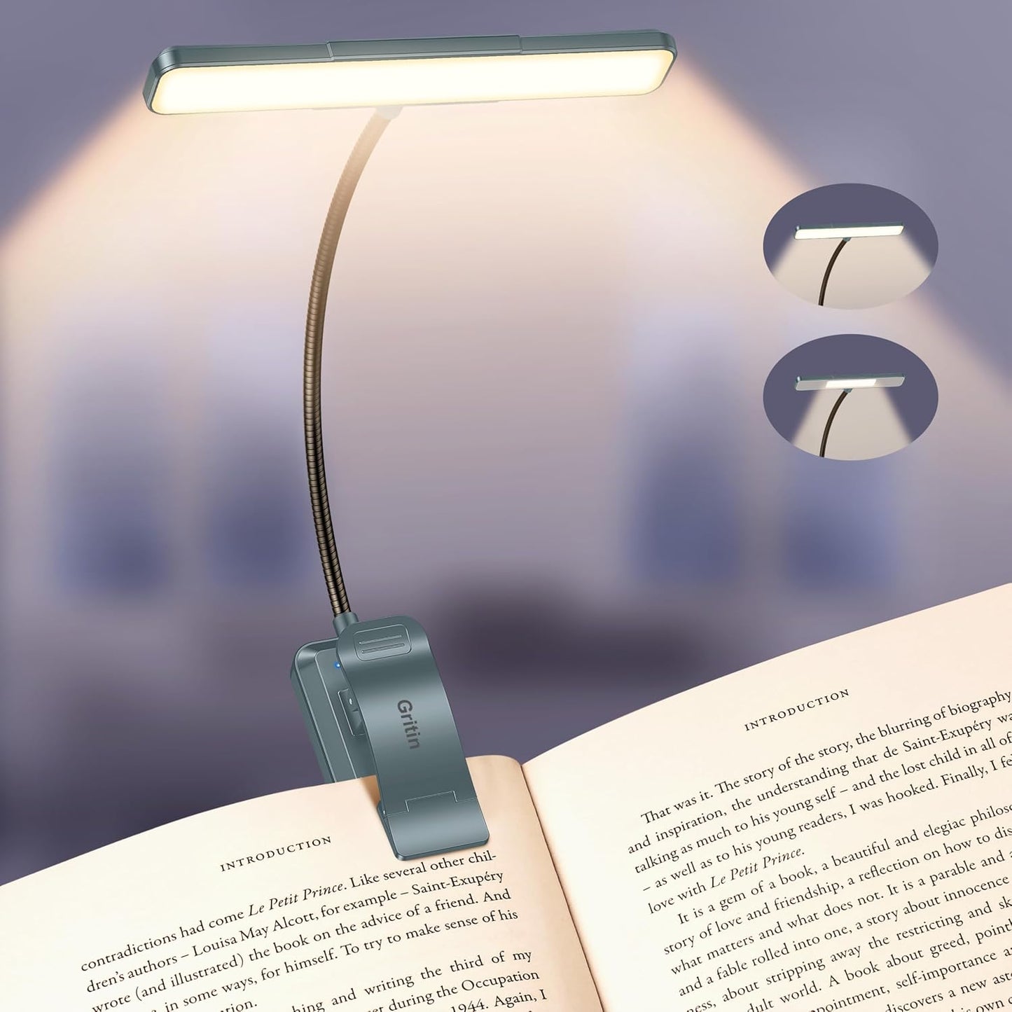 Gritin 2026 Gen 2 Book Light for Reading- 32 Eye Caring Full Spectrum LED | 5 Colors & 5 Brightness, Adjustable Wide/Narrow Beam, Upgrade 1500mAh Long-Lasting Rechargeable Clip on Light for Book Lovers