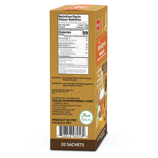 Pocas Honey Ginger Instant Tea Powder, Turmeric Flavor 2-Pack, Ginger Extract & Real Sweetener, Caffeine-Free Tea, 20 Packets per Box