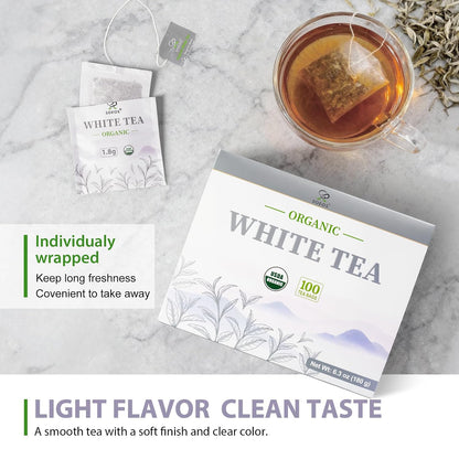 Soeos Organic White Tea, 100 Tea Bags, Individually Wrapped Teabags, Low Caffeine, Subtle Floral Aroma & Smooth Taste, Quality Tea for Everyday Brewing, Perfect for Hot or Iced Tea Lovers, 6.3oz (180g)
