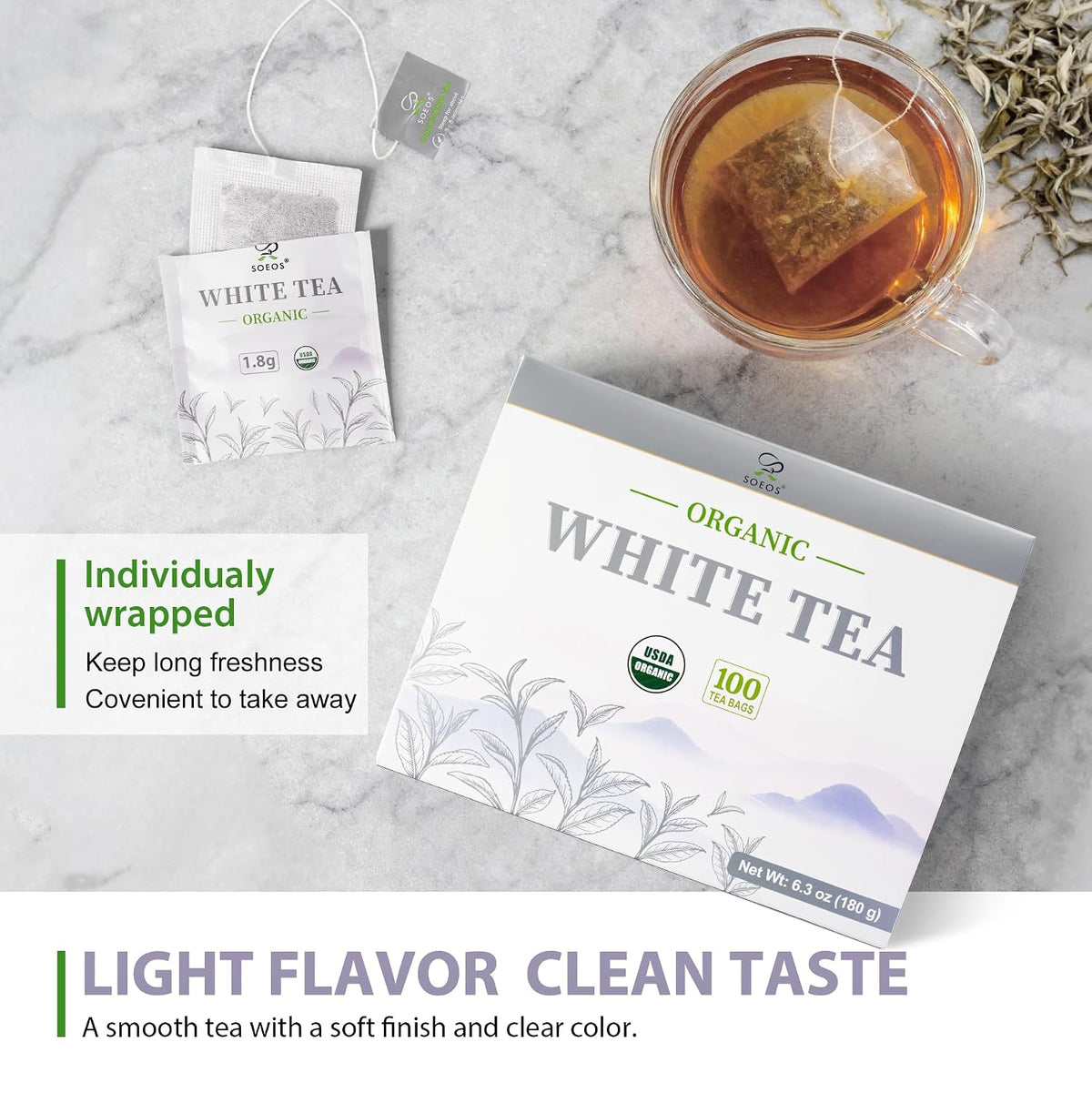 Soeos Organic White Tea, 100 Tea Bags, Pack of 2, Total 200 Teabags, Individually Wrapped Teabags, Low Caffeine, Subtle Floral Aroma & Smooth Taste, Quality Tea for Everyday Brewing, Perfect for Hot or Iced Tea Lovers, 6.3oz (180g) of Each