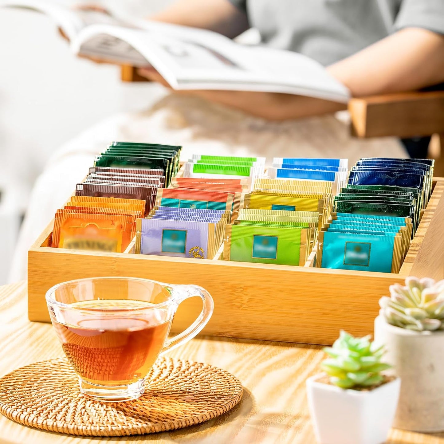 TIMIEEYA Tea Bag Organizer - Bamboo Tea Storage With Drawer 3 Layer, Organizer for Tea Bags Natural Wood & Acrylic for Countertop Office Kitchen Cabinet Pantry