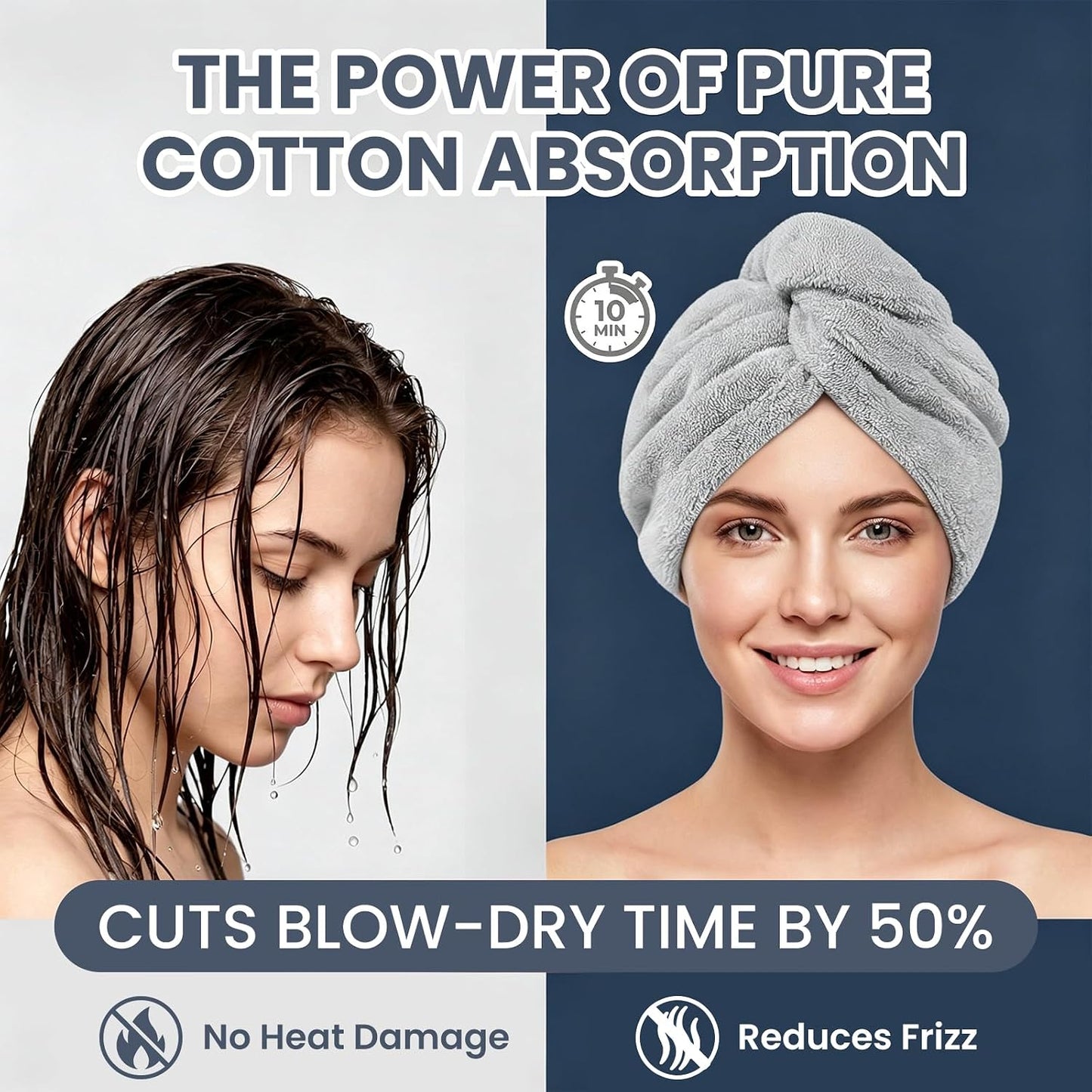 Mandydov 100% Cotton Hair Towel Wrap for Women, 2 Pack Thickened & Super Absorbent Turbans, Anti Frizz Quick Dry Hair Towels (Blue, Pink Blush)