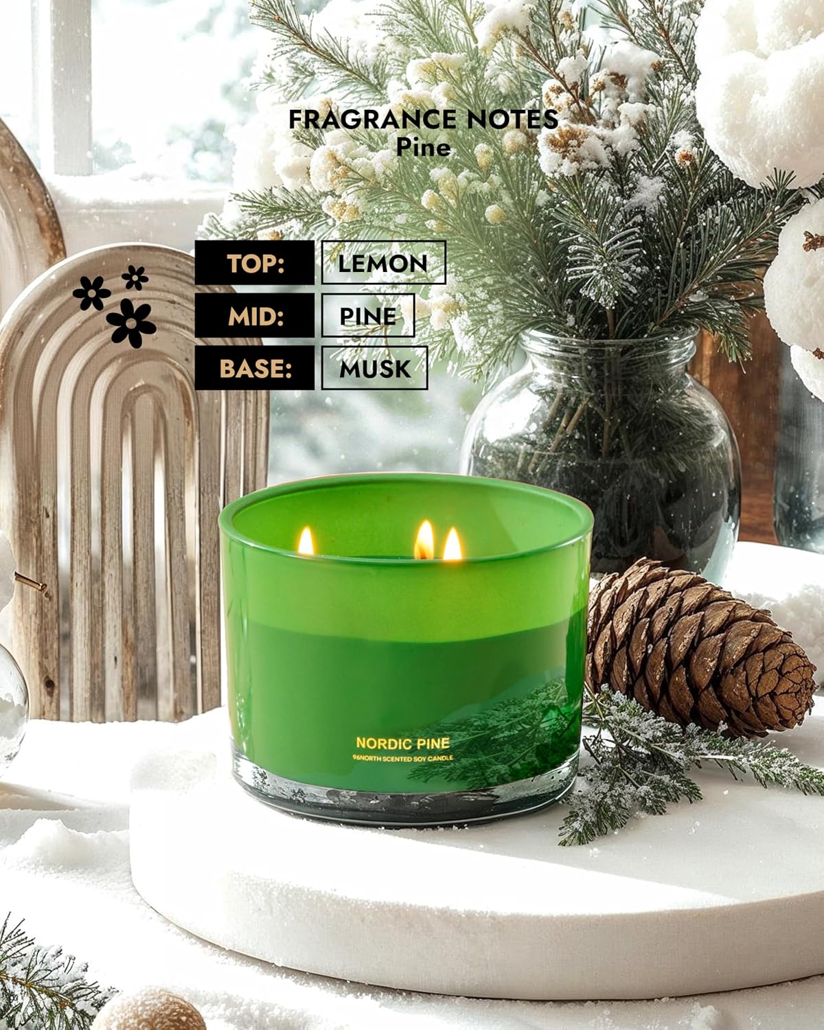 96NORTH Luxury Vanilla Soy Candles | Large 3 Wick Jar Candle | Up to 50 Hours Burning Time | 100% Natural Soy Wax | Relaxing Aromatherapy Aesthetic Candle | Housewarming Gift for Men and Women