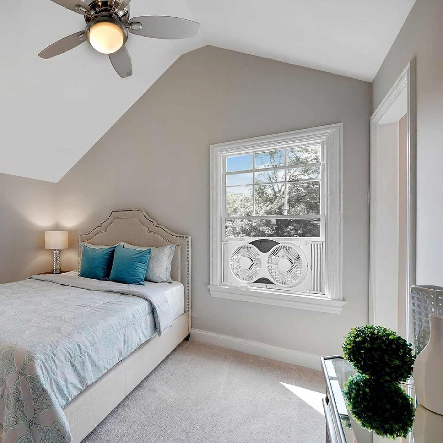 Comfort Zone Twin Window Fan with Reversible Airflow Control, 9 inch, Auto-Locking Expanders, 2 Speed Fan, Dual Fan, Exhaust, Airflow 9.84 ft/sec, Ideal for Home, Kitchen, Bedroom & Office, CZ319WT