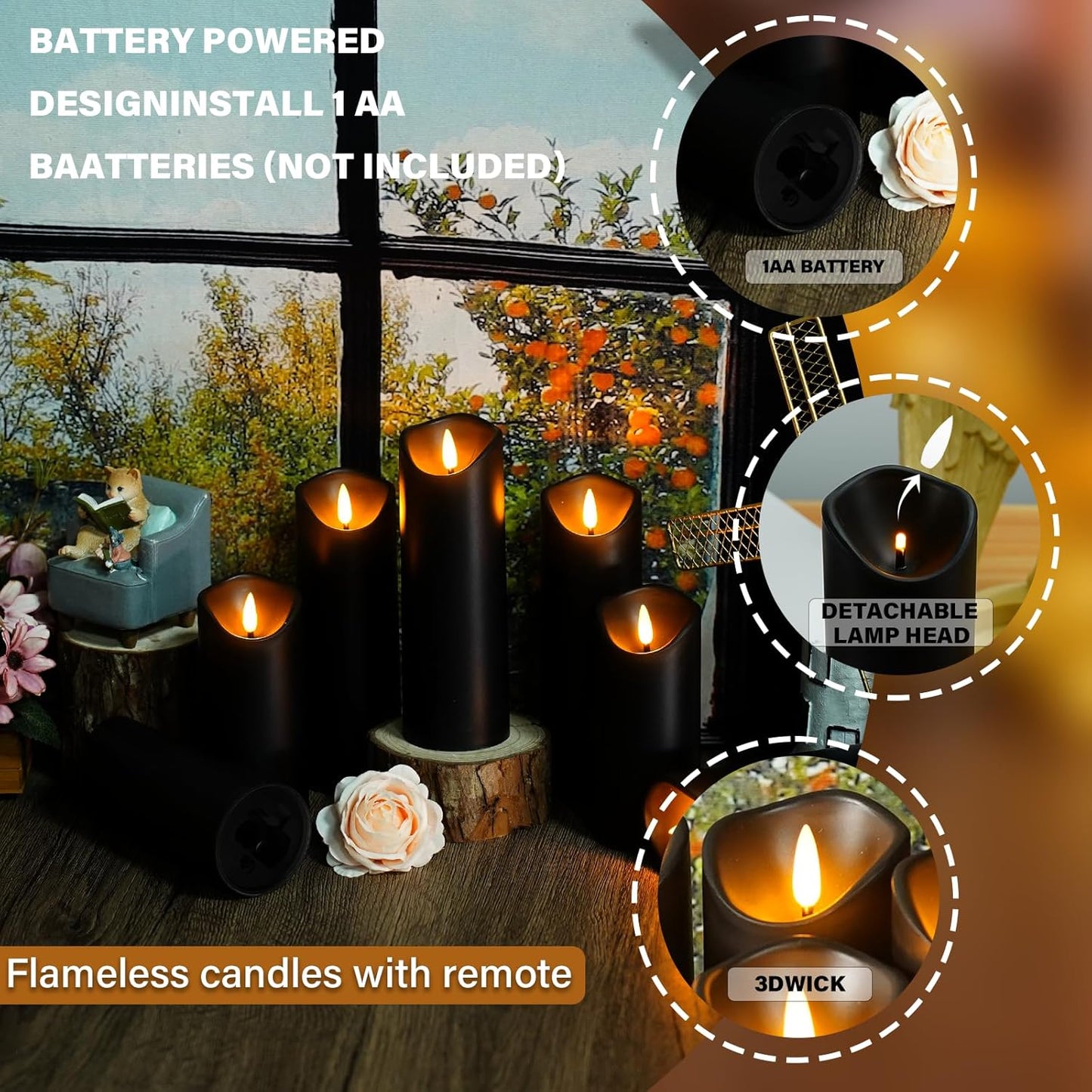 Nimiko Flameless Candles with Remote, Battery Operated Flickering Flameless Candles, LED Candles with Timer 2/4/6/8H, with Realistic LED Candles Set of 9 (D3 x H 3" 4" 5" 6" 7") (Ivory)