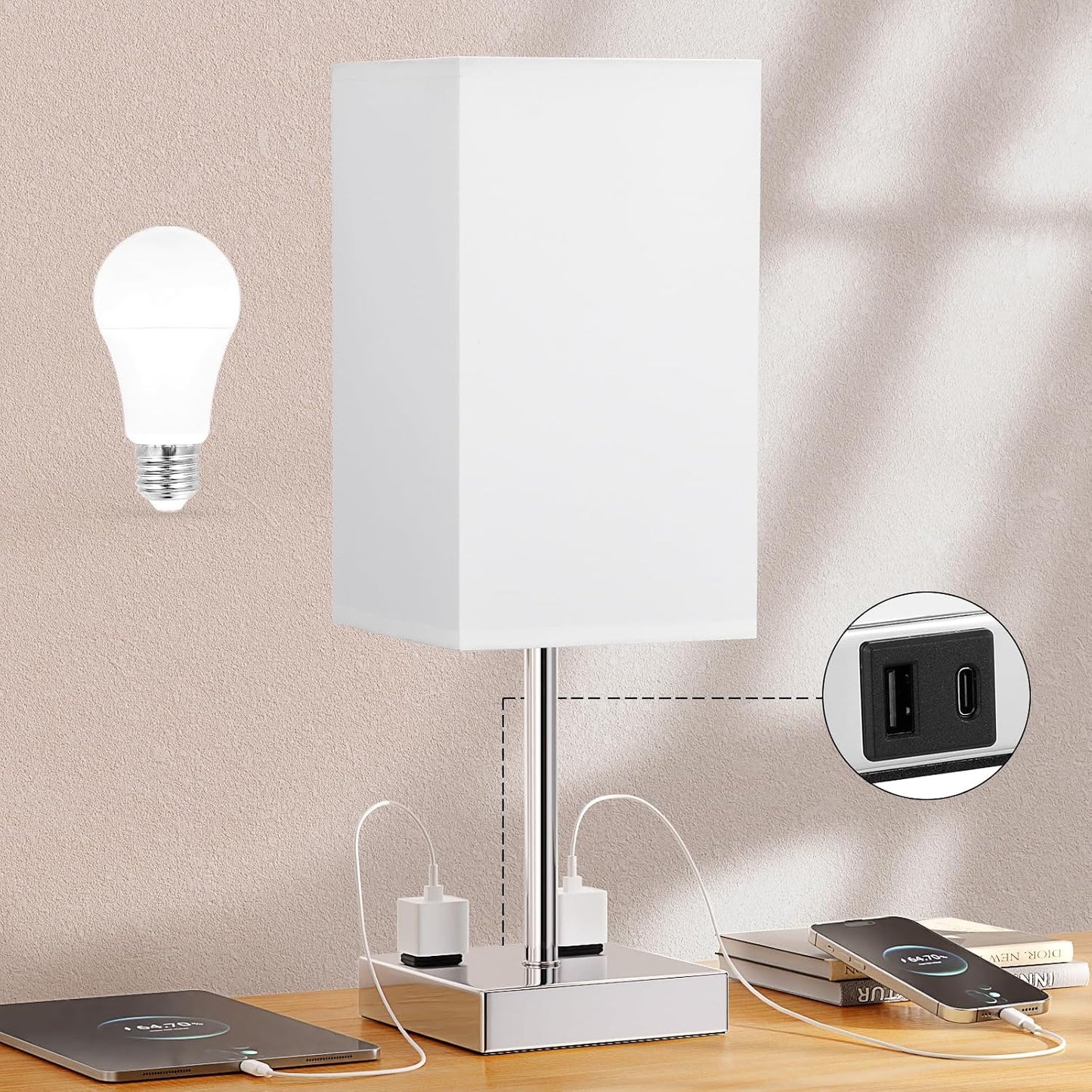 【Upgraded】Bedside Table Lamp Touch Control, with USB C+A Charging Ports & Dual AC Outlets, 3-Way Nightstand Lamp for Bedroom with LampShade Living Room Office(LED Dimmable Bulb Included)