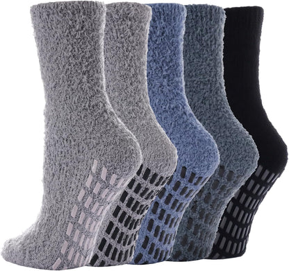 5 Pairs Fuzzy Socks with Grips for Women, Non Slip Cozy Fluffy Soft Socks, Winter Sleep Slipper Hospital