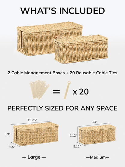 Cable Management Box, Cord Organizer with Lid & Cable Ties - Brown, L