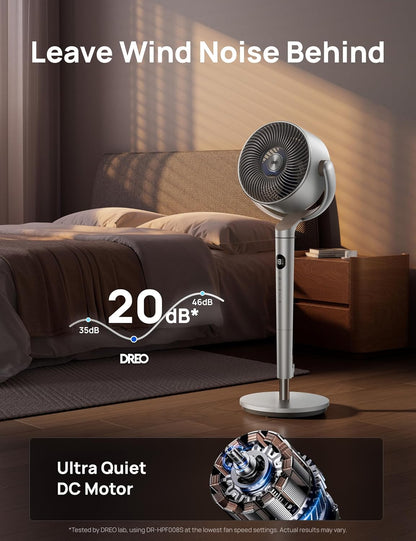 DREO Smart Fan for Bedroom, 120° +120° Omni-Directional Oscillating Fans, 100ft Quiet Pedestal Fan with RGB Light, 9 Speeds, 6 Modes, 20dB, 8H Timer, Wi-Fi/Voice/Alexa, 35-40" Floor Fans with Remote