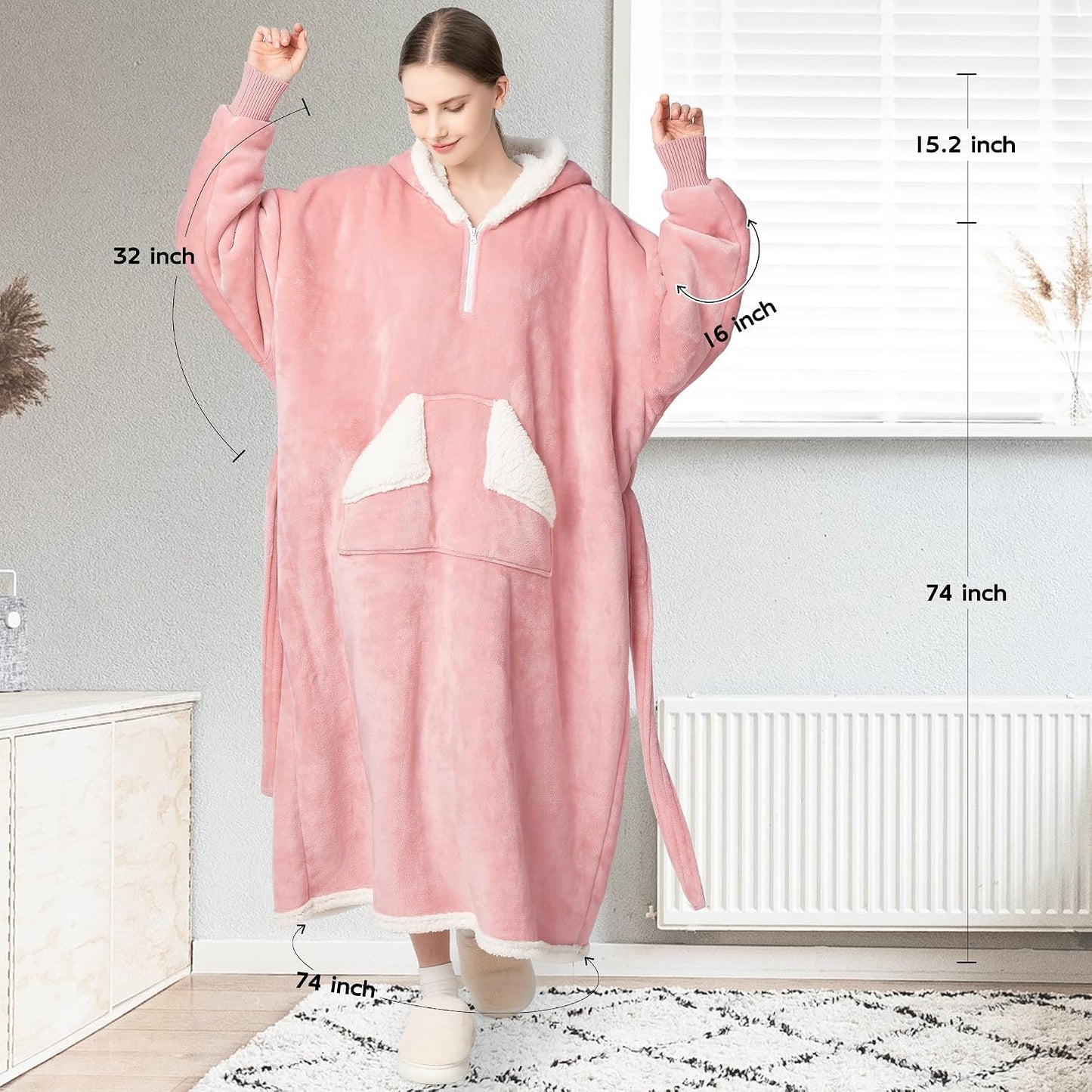 Touchat Wearable Blanket Hoodie, Oversized Sherpa Blanket Sweatshirt with Hood Pocket and Sleeves, Super Soft Warm Plush Hooded Blanket for Adult Women Men, One Size Fits All (Pink)