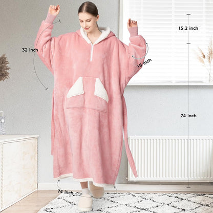Touchat Wearable Blanket Hoodie, Oversized Sherpa Blanket Sweatshirt with Hood Pocket and Sleeves, Super Soft Warm Plush Hooded Blanket for Adult Women Men, One Size Fits All (Pink)