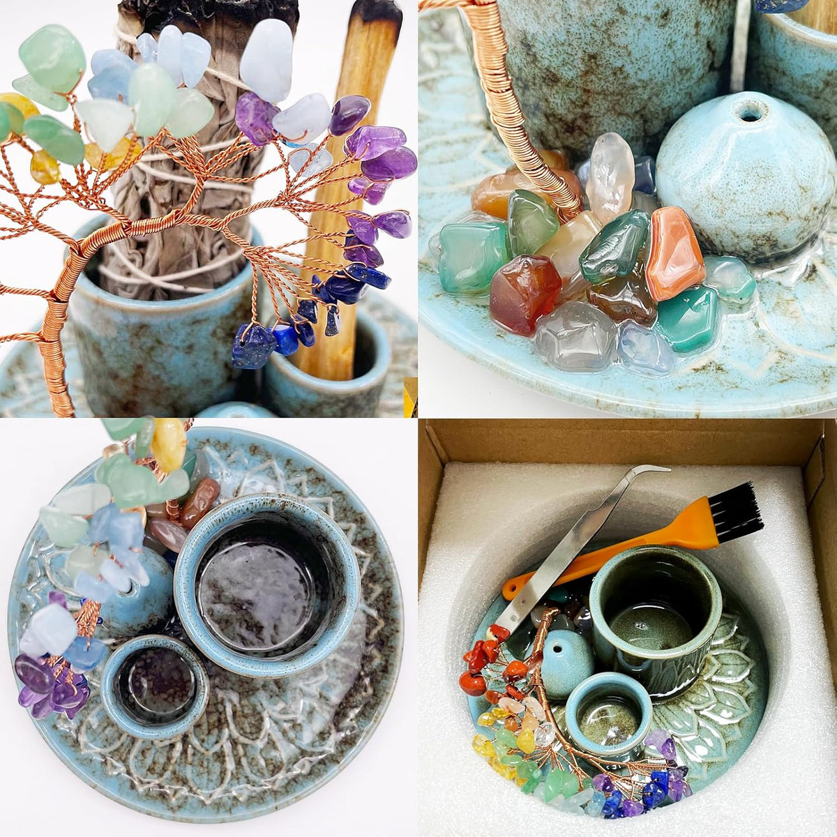 5 in 1 Incense Burner Holder with Crystal Healing Tree, Palo Santo Holder, Sage Holder, Incense Holder for Sticks/Cones/Candles, Ceramic Tray Ash Catcher for Burning Incense, Meditation Gift