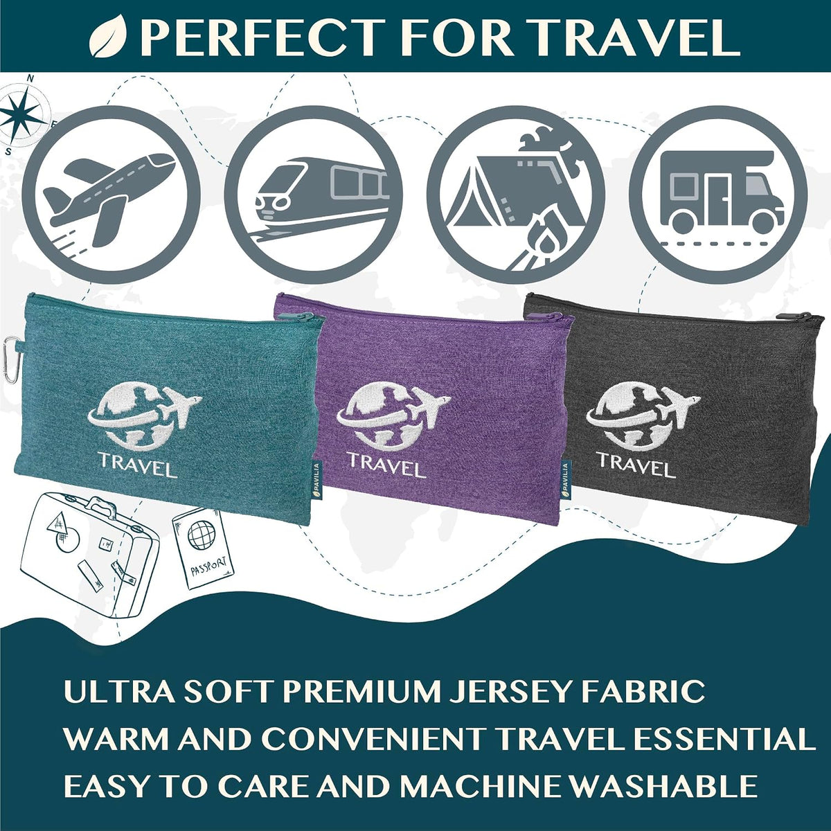 PAVILIA Travel Blanket Airplane Compact Pillow with Bag for Flights, Navy