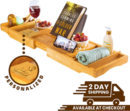 Bambüsi Bathtub Tray for Tub - Brown Bamboo Bath Tray, Expandable Wooden Bath Caddy Tray with Wine Holder, Book and Tablet Stand, Bathroom Accessories, Tub Table, Spa Bath Gifts for Women and Couples