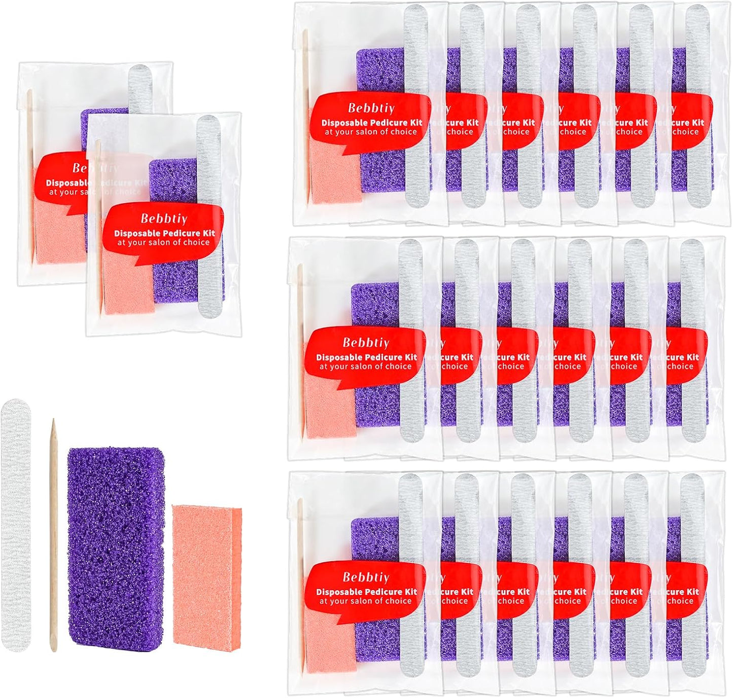 Disposable Pedicure Kit Sets, 4 in 1 Nail Salon Manicure Pedicure Kit Professional, Nail File, Pumice Pad, Mini Buffer, Wood Stick (Pack of 20, Count, 20.0)