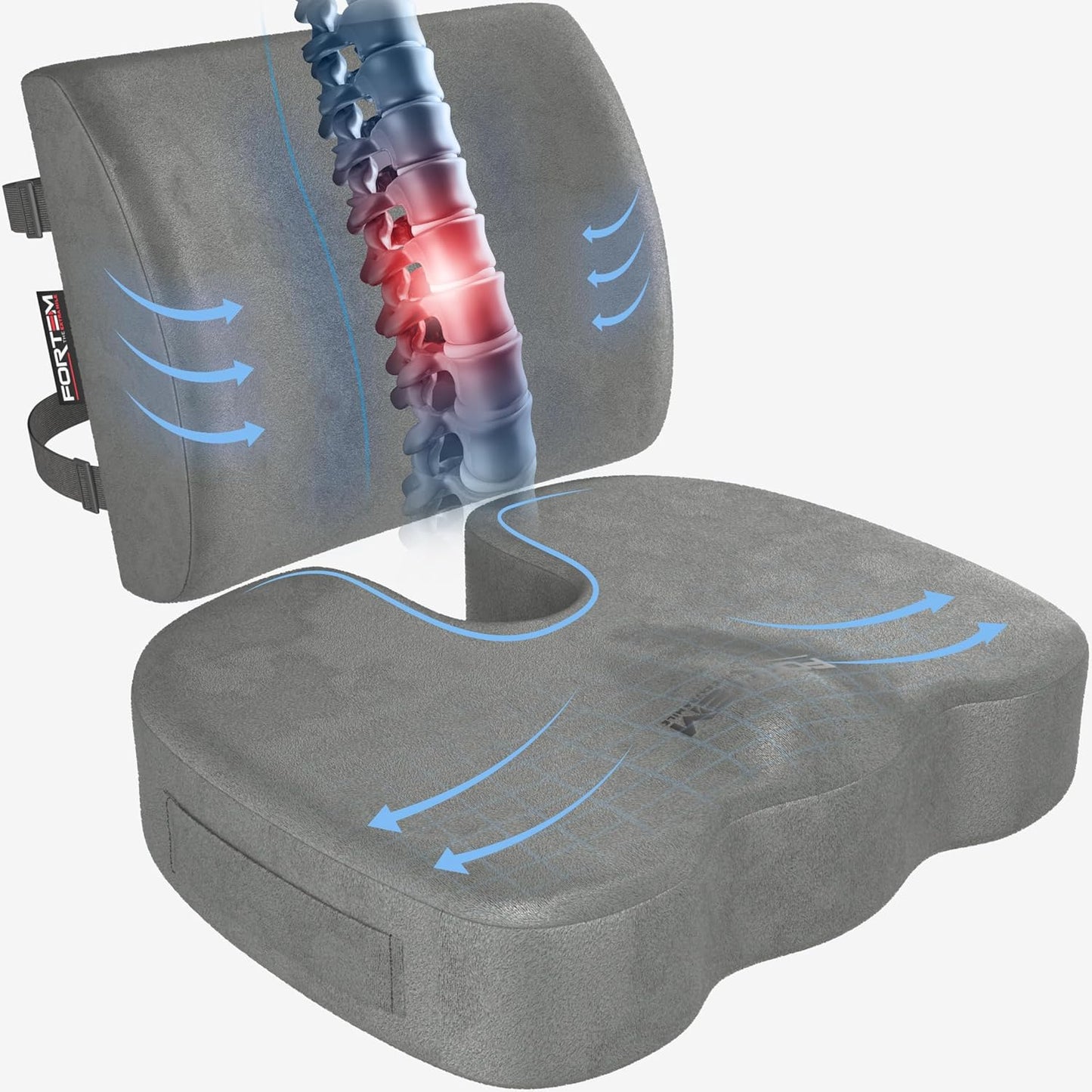 FORTEM Seat Cushion, Office Chair Cushion, Lumbar Support Pillow for Office Chair, Memory Foam Car Seat Cushions, Sciatica Coccyx Tailbone Pain Relief, Cushions for Back Support, Washable, Non Slip