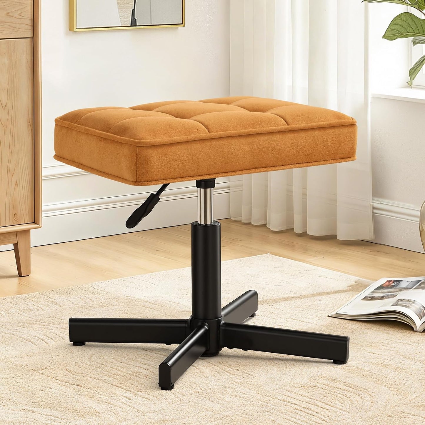 LUE BONA Adjustable Vanity Stool, Foot Rest Under Desk, 360° Swivel Vanity Chair for Makeup Room, Black Upholstered Faux Leather Ottoman for Bathroom & Living Room, 300lbs