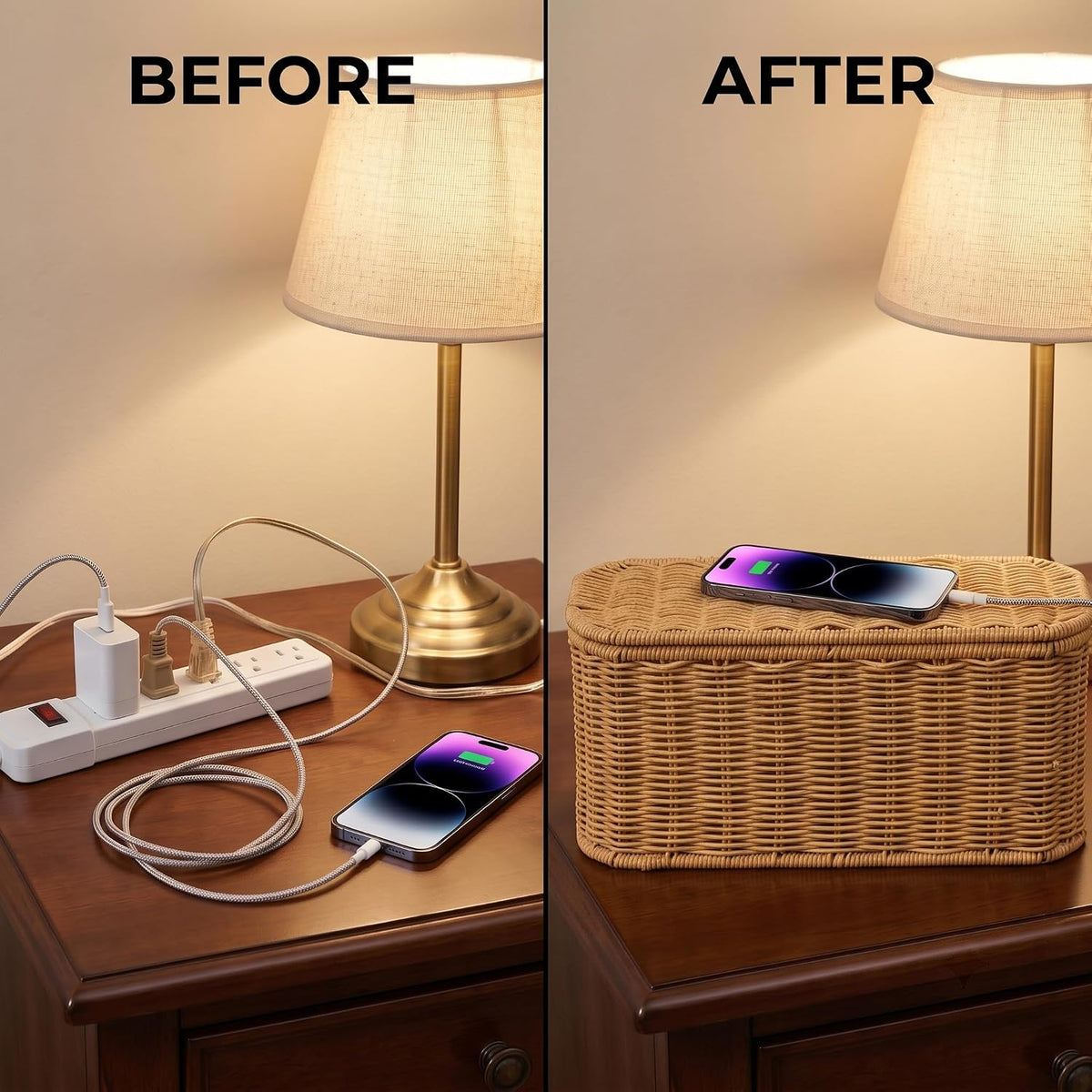 Rattan Cable Management Box, Cord Organizer to Hide Cords & Power Strip