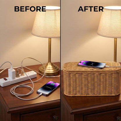 Rattan Cable Management Box, Cord Organizer to Hide Cords & Power Strip