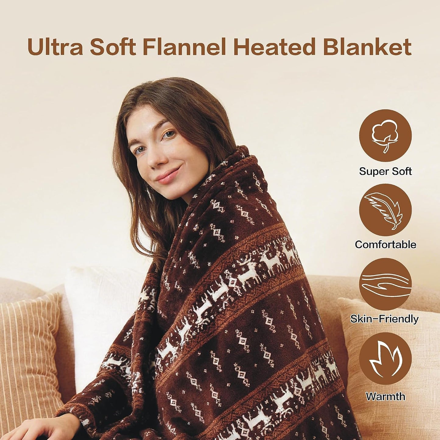 Tefici Electric Heated Blanket Throw, Super Cozy Soft 2-Layer Flannel 50" x 60" Heated Throw with 3 Heating Levels & 4 Hours Auto Off, Machine Washable, ETL&FCC Certified, Home Office Use, Red