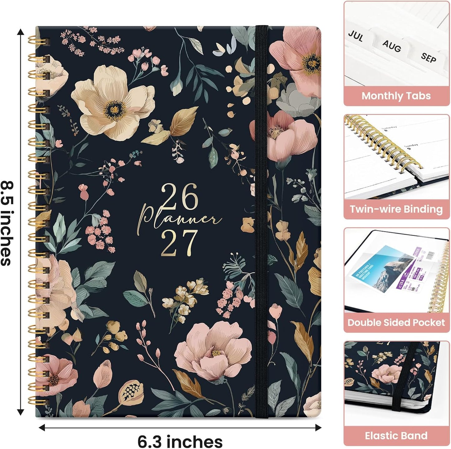 Planner 2026-2027, Academic Monthly and Weekly Calendar Planner for Women, July 2026 - June 2027, Hardcover Pretty Agenda Planner Book with Tabs, Spiral Daily Organizer for School Office Home Supplies, 6.3" x 8.5" - Blue Floral
