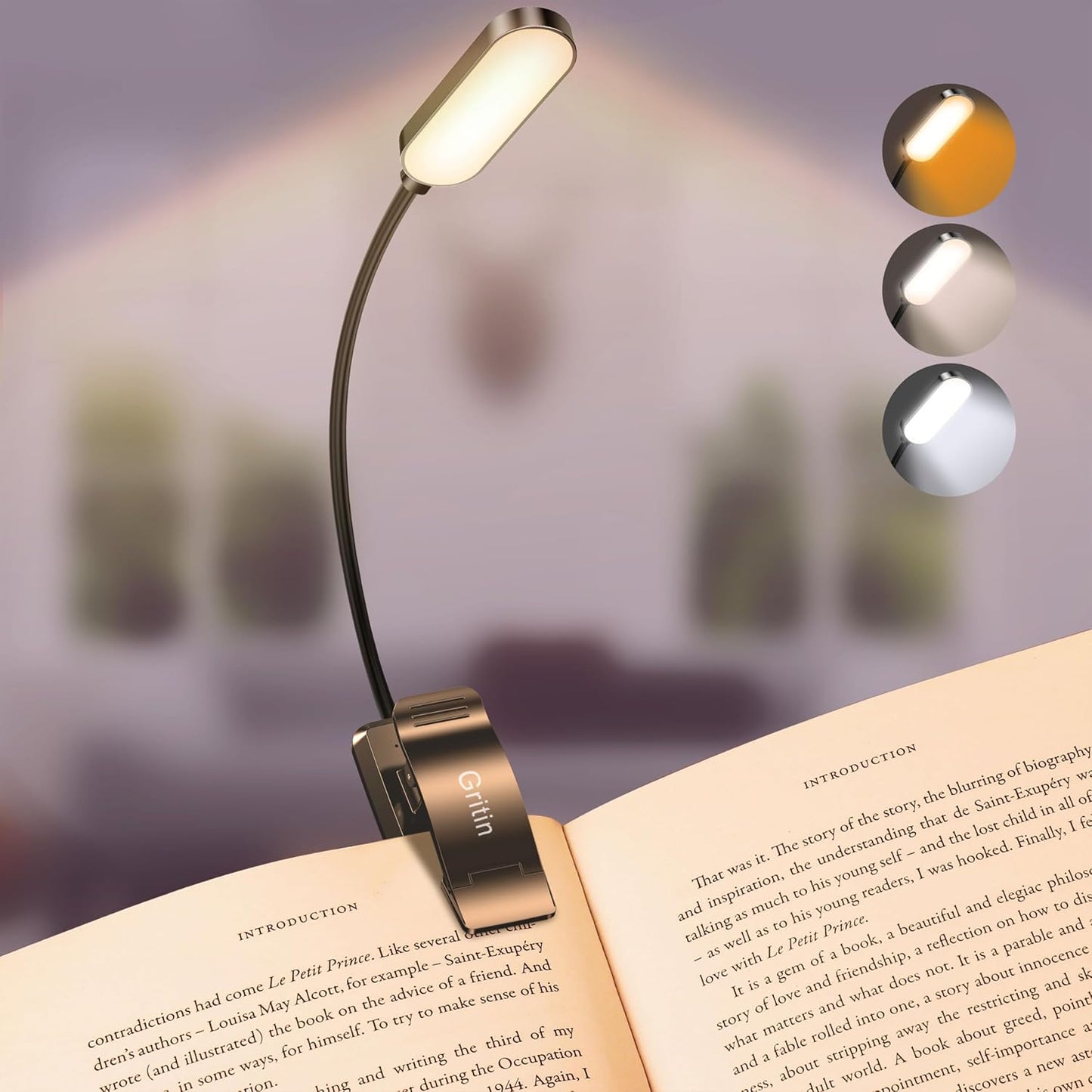 Gritin 16 LED Rechargeable Book Light for Reading in Bed- Eye Caring 3 Color Temperatures, Stepless Dimming Brightness, 80 Hrs Runtime, Lightweight Flexible Clip on Light for Book Lovers