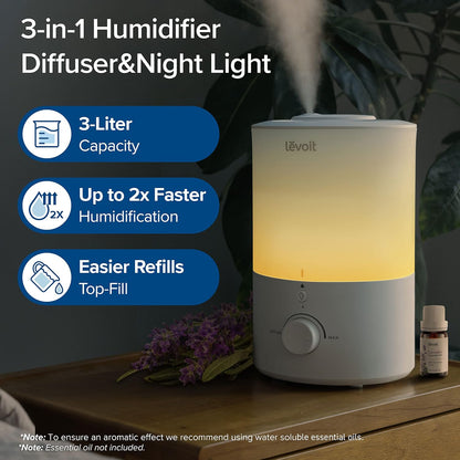 LEVOIT Humidifiers for Bedroom, Quiet, 3L Cool Mist, Essential Oil Diffuser | Top Fill/25Watt - Home/Large Room - 360° Nozzle - Rapid Ultrasonic Humidification for Baby Nursery/Plant