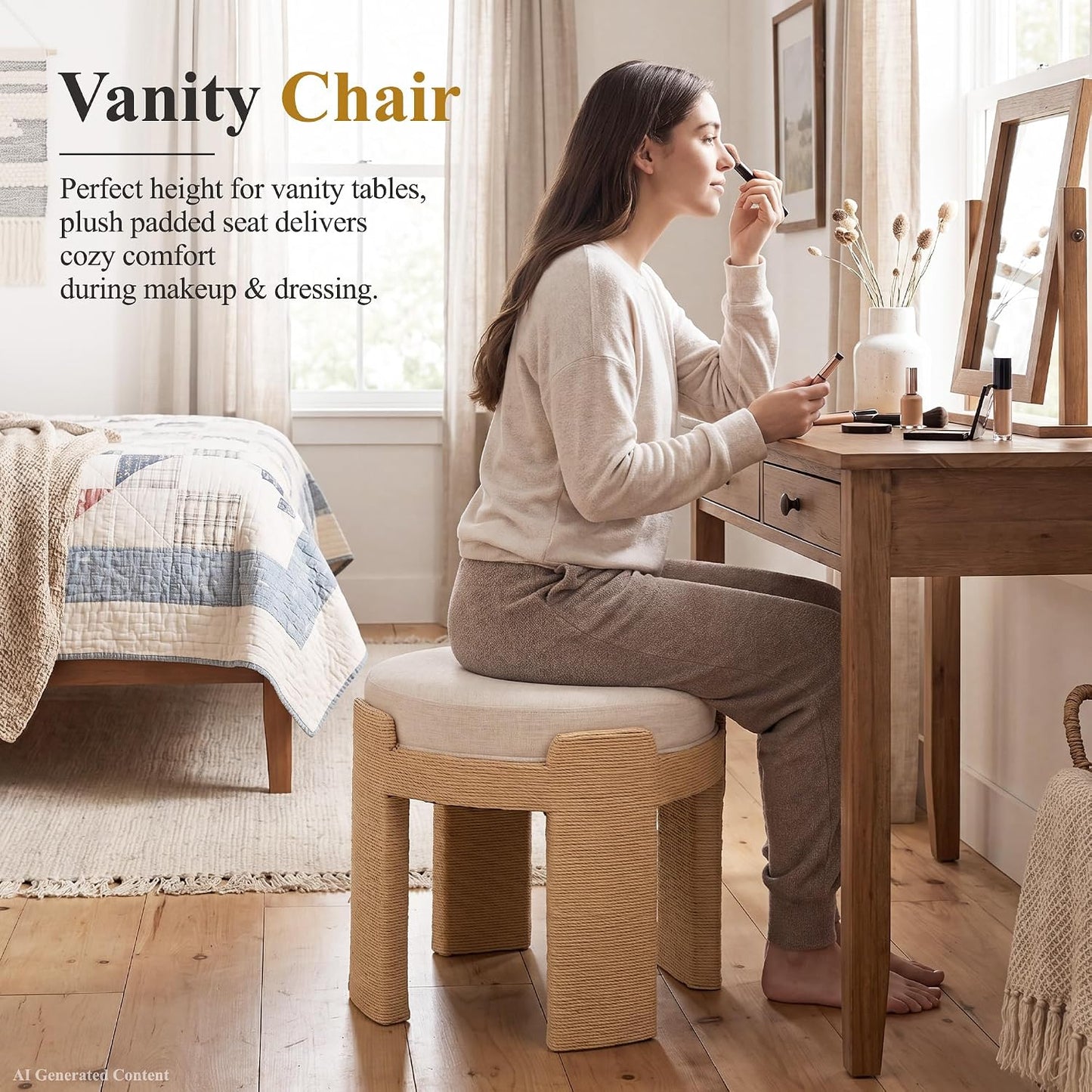 Round Foot Stool Ottoman Set of 2, Boho Hand-Woven Rope Upholstered Accent Footrest Vanity Stool Fully Assembled for Bedroom Living Room, Beige Linen