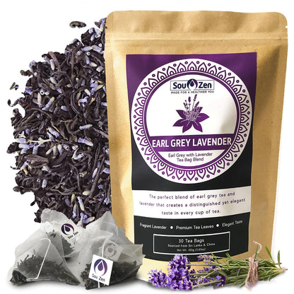 Sou Zen Earl Grey Lavender 30 Corn-Fiber Pyramid Tea Bags | Premium Loose Leaf Blend with Bergamot & Lavender | Naturally Organic Ingredients, No Additives