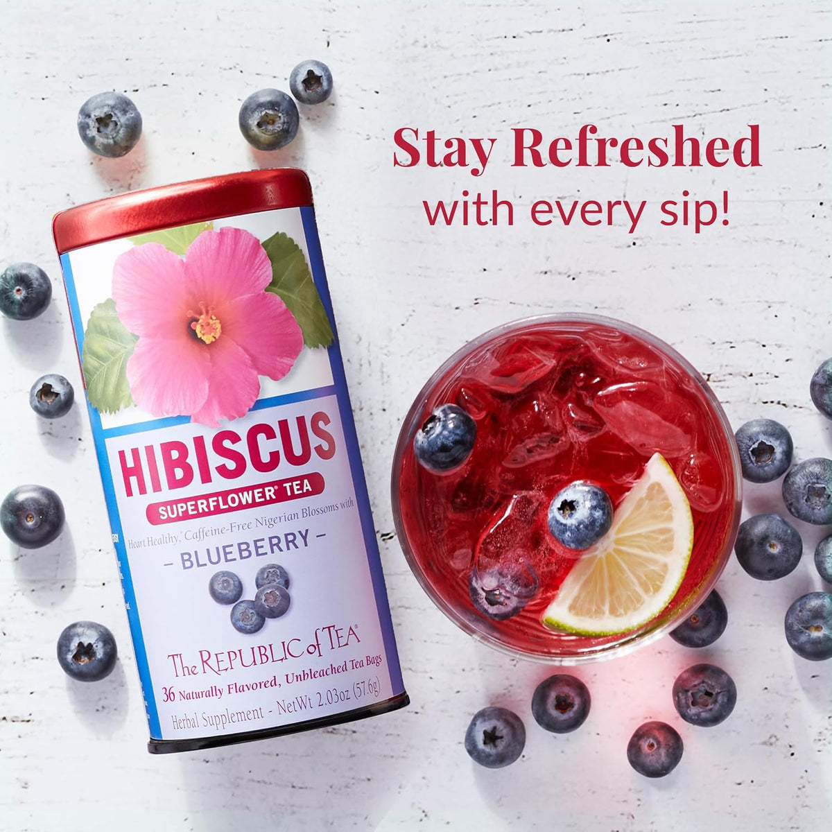 The Republic of Tea Blueberry Hibiscus Herbal Tea,Caffeine Free, 36 Count