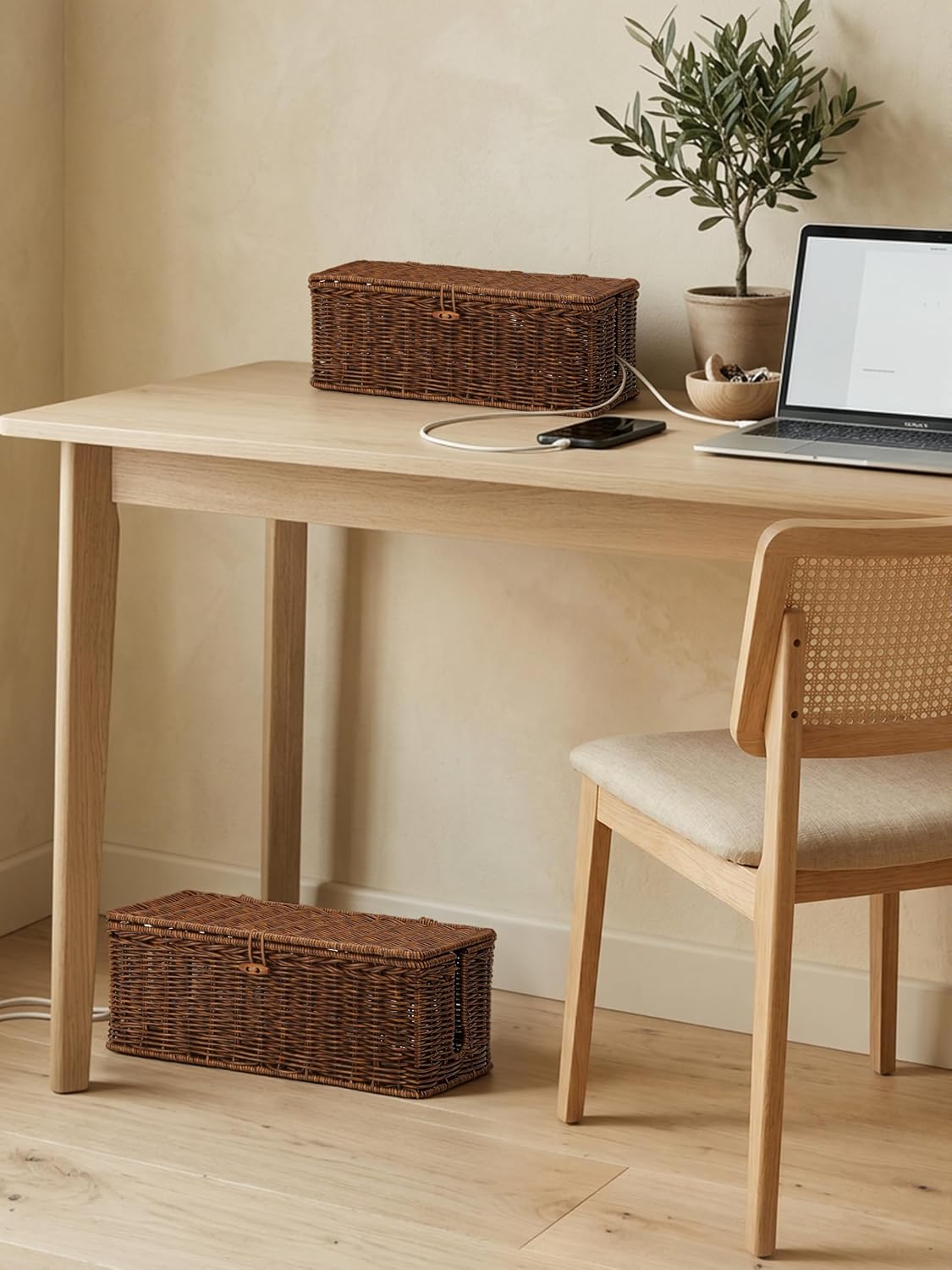 Cable Management Box, Cord Organizer with Lid & Cable Ties - Brown, L