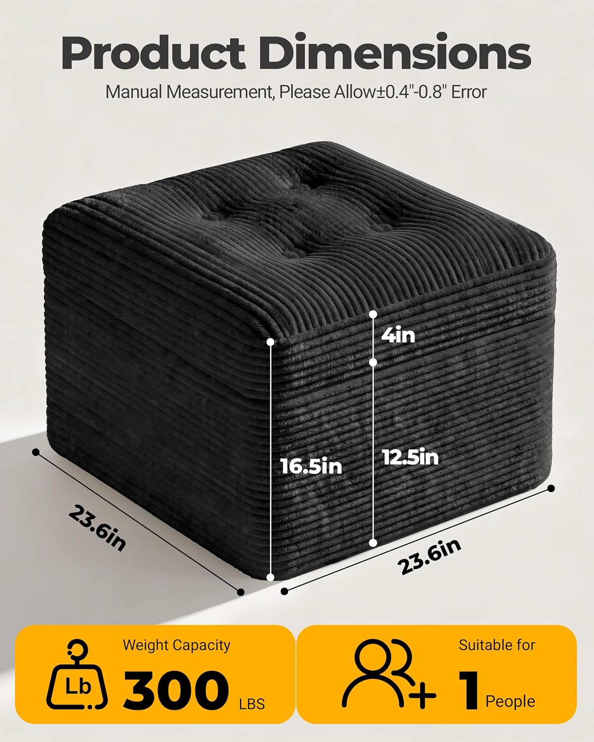 23.6in Pouf Ottoman, Corduroy Ottoman Foot Rest with Dual‑Layer Support, Large Plush Pouf with Soft Chunk‑Foam Top & Firm Foam Base, Floor Foot Stool for Living Room, Beige