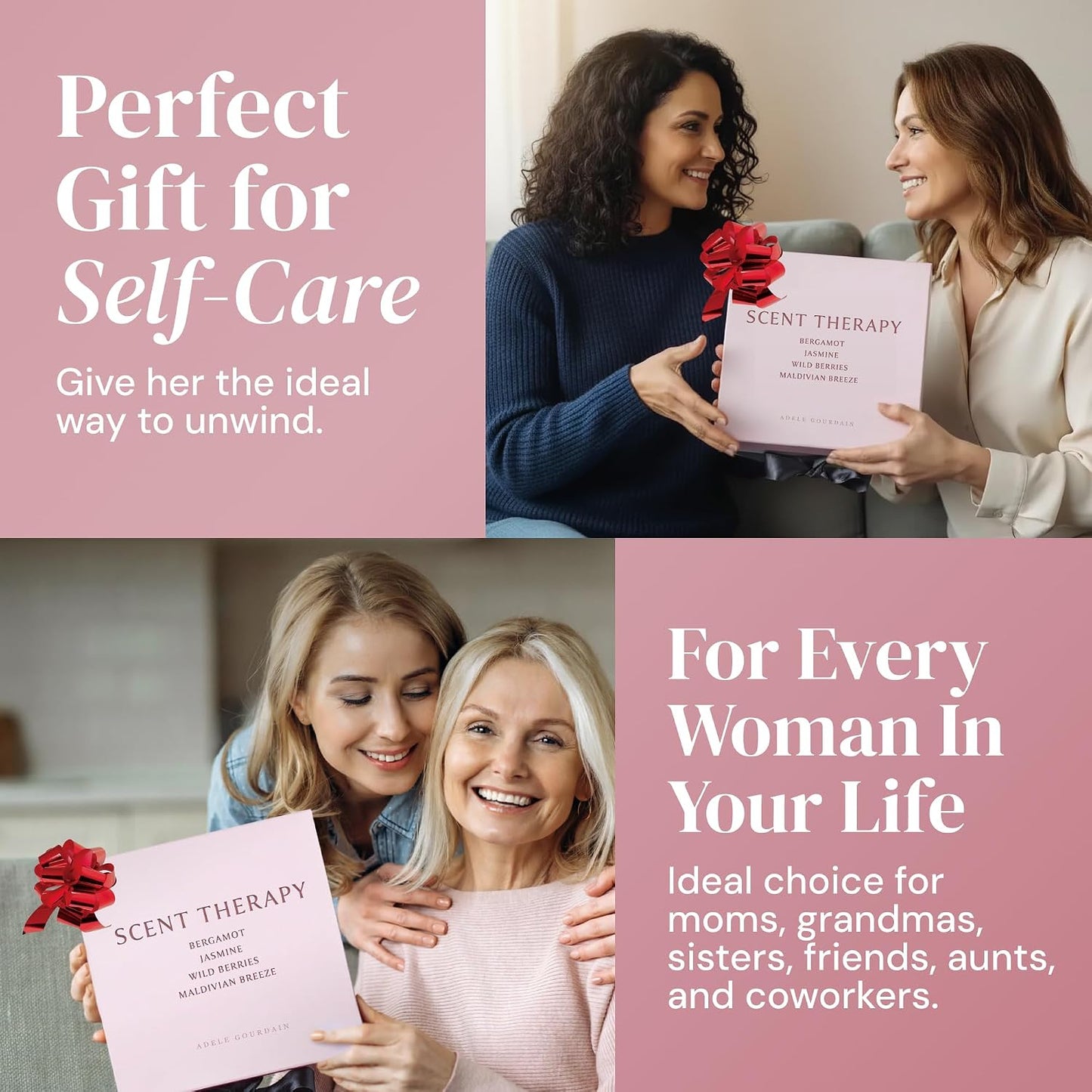 6-pc Scented Candle Gift Set for Women, Aromatherapy Inspired Adelegourdain | Incl. 4 Soy Wax Candles and 2 Fragrance Packets - Gift Ready Box - Scents incl. Bergamot, Maldivian Breeze, Jasmine, Berries