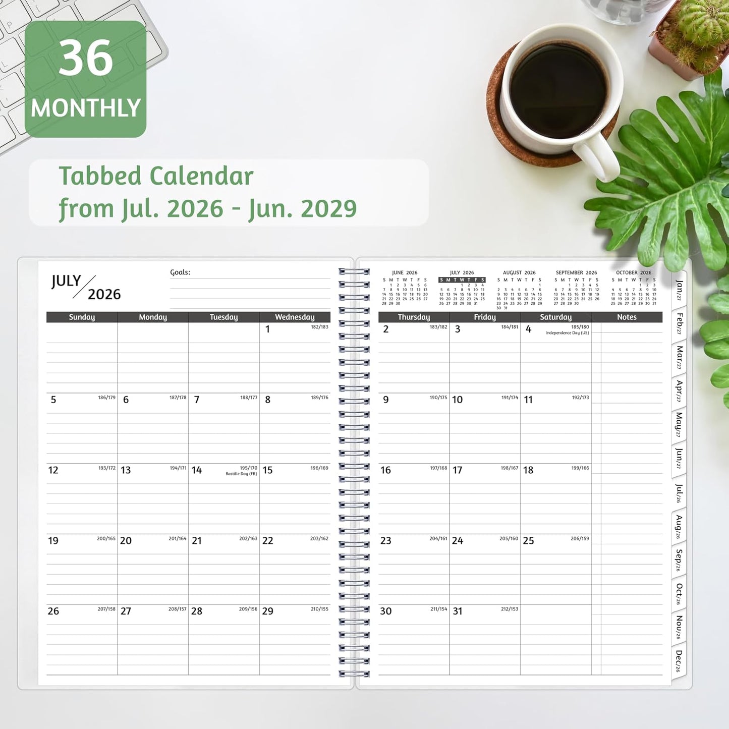 Monthly Planner 2026-2029, 36 Months Calendar Planner 2026-2029 from Jul 2026 – Jun 2029, 8.5'' x 11'' with Ruled Spread, Flexible Cover, Spiral Wirebound, Pocket, Coated Tabs, Notes ＆ Habit Tracker