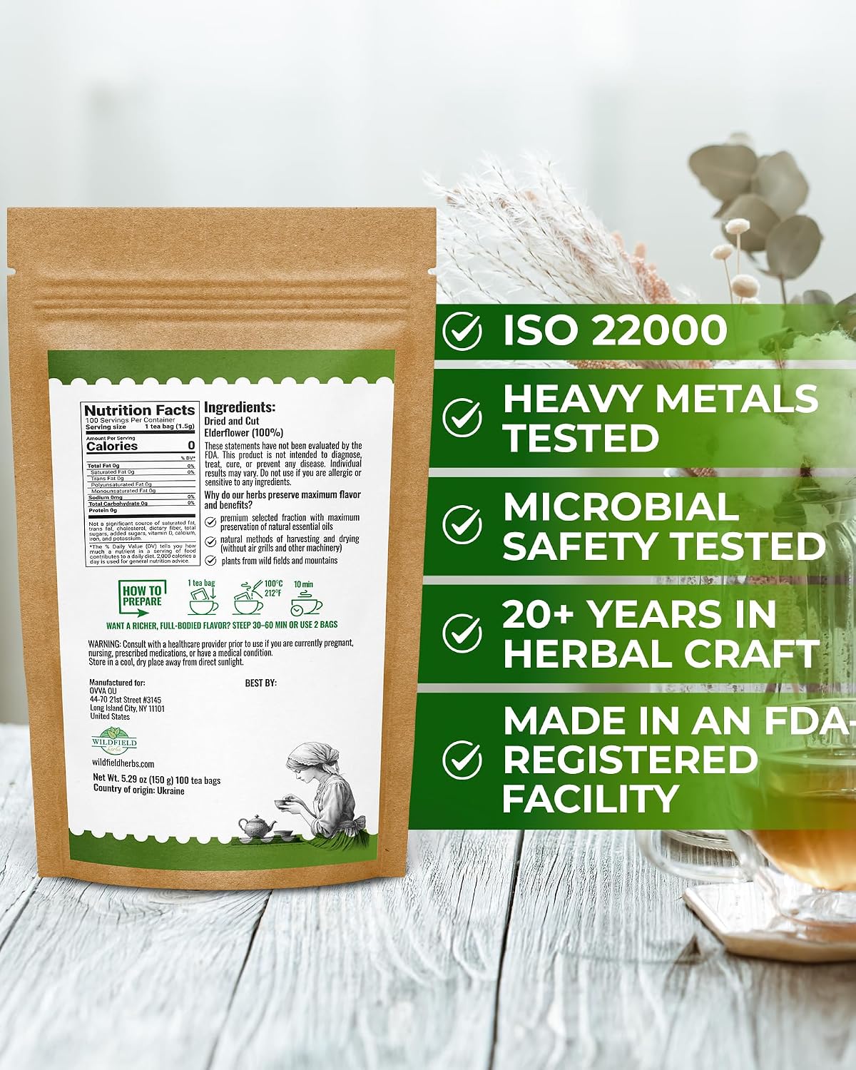 100 Bags Dried Elderflower Tea Herbal Tea (Flores Sambuci Nigrae) - 100 Count 1.5g Bags Elder Flower Herb Espino Blanco