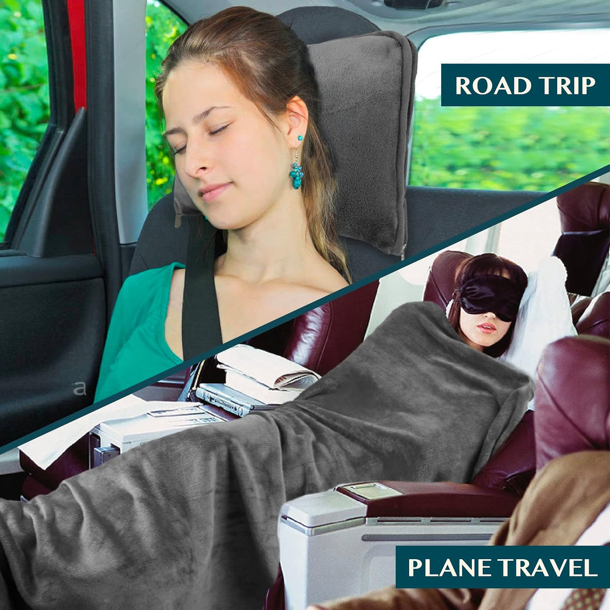 PAVILIA Travel Blanket Pillow, Soft Airplane Blanket 2-IN-1 Combo Set, Plane Blanket Compact Packable, Flight Essentials Car Pillow, Travelers Gifts Accessories Luggage Backpack Strap, 60x43 Teal Blue