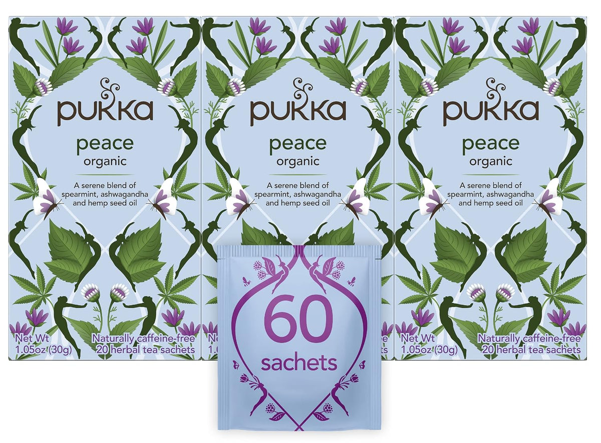 Pukka Organic Tea Bags, Spearmint, Ashwagandha, and Hemp Seed Oil, Peace Herbal Tea, 20 Count (Pack of 3)