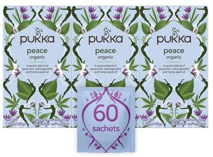 Pukka Organic Tea Bags, Spearmint, Ashwagandha, and Hemp Seed Oil, Peace Herbal Tea, 20 Count (Pack of 3)