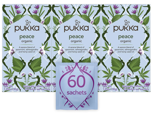 Pukka Organic Tea Bags, Spearmint, Ashwagandha, and Hemp Seed Oil, Peace Herbal Tea, 20 Count (Pack of 3)