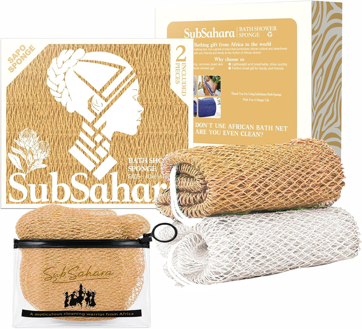 SubSahara African Net Sponge, 2 Pack 45-Inch Exfoliating Bath Scrubber