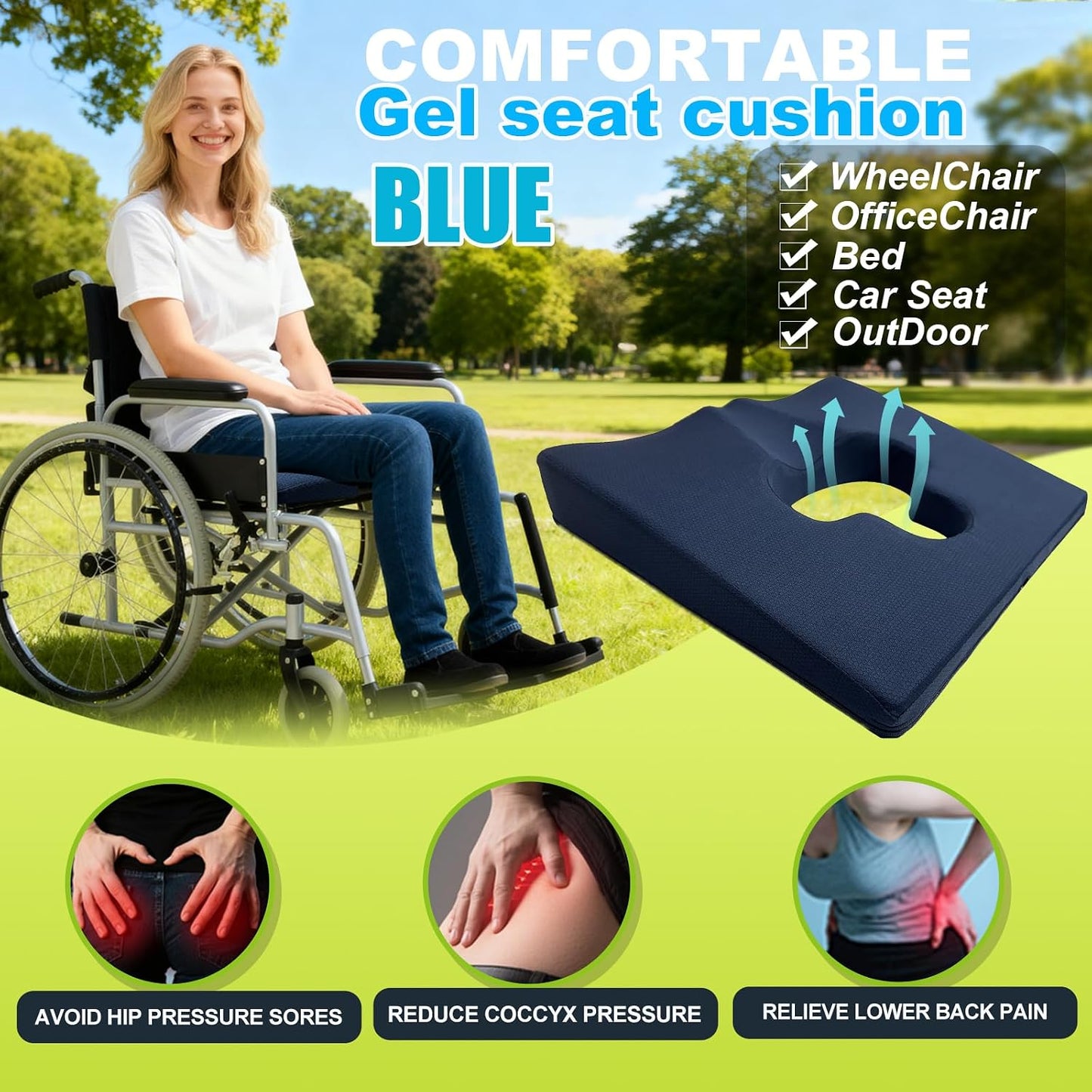 Gel Wheelchair Seat Cushion,Bed Sore Cushions for Butt,Gel Cushion for Pressure Relief,Donut Pillow for Tailbone Pain Relief,Sciatica,Coccyx,hemorrhoid Pillow,Cushion for Office Chair(Blue)