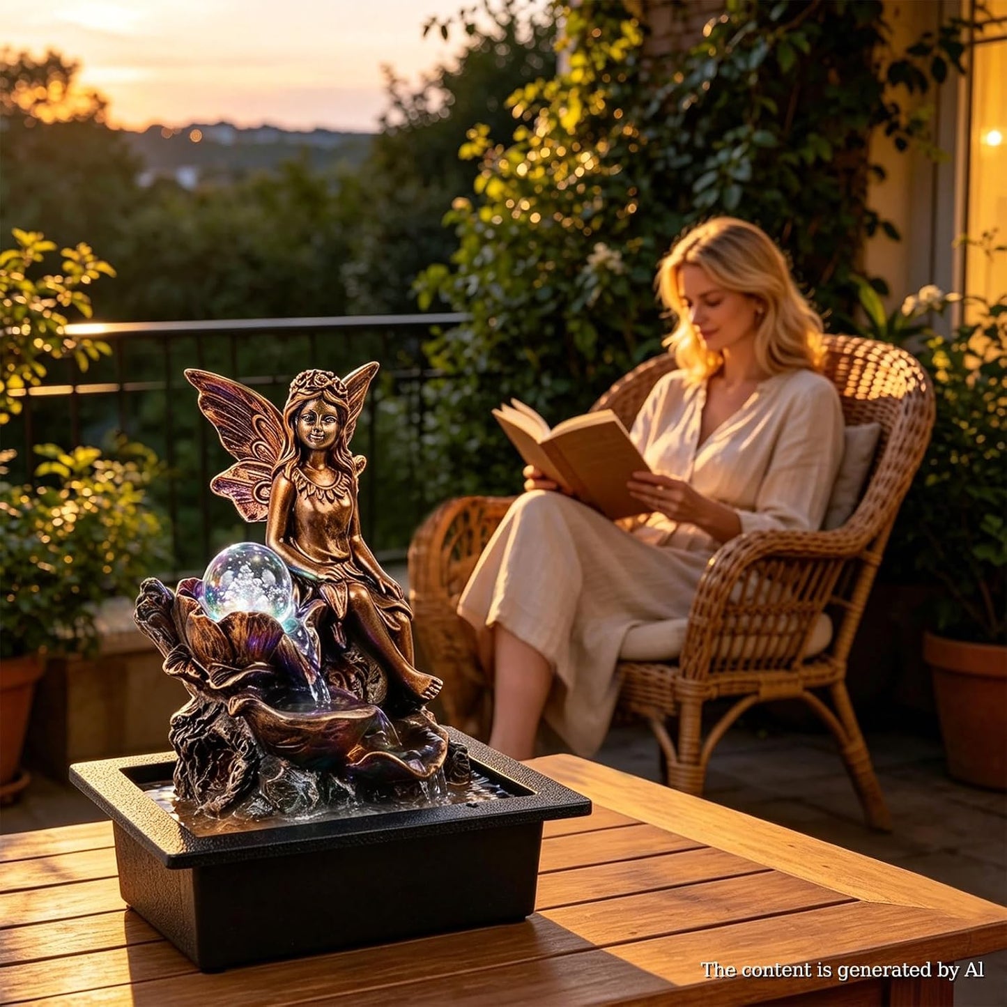 GOESWELL Water Fountain for Indoor Tabletop: Antique Bronze Fairy Statue Tabletop Waterfall with Rotating Crystal Ball for Desk - Small Zen Meditation Decor for Home Office Bedroom Relaxation